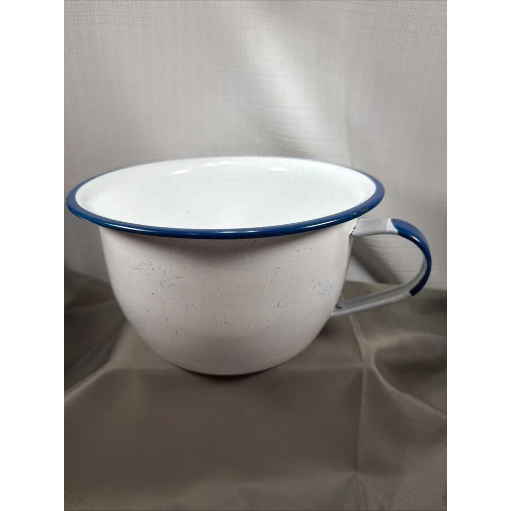 Vintage Enamelware Popcorn Bowl White Cobalt Blue Trim Speckled Pot 8.75” Large